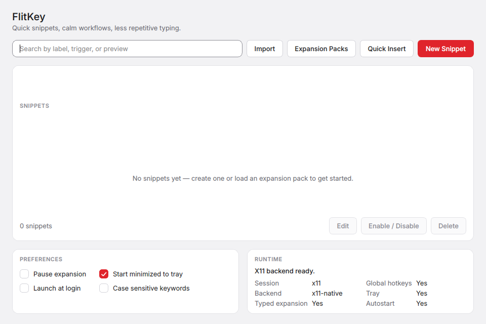 FlitKey open-source text expander main window showing the snippet library, Import, Expansion Packs, and Quick Insert controls
