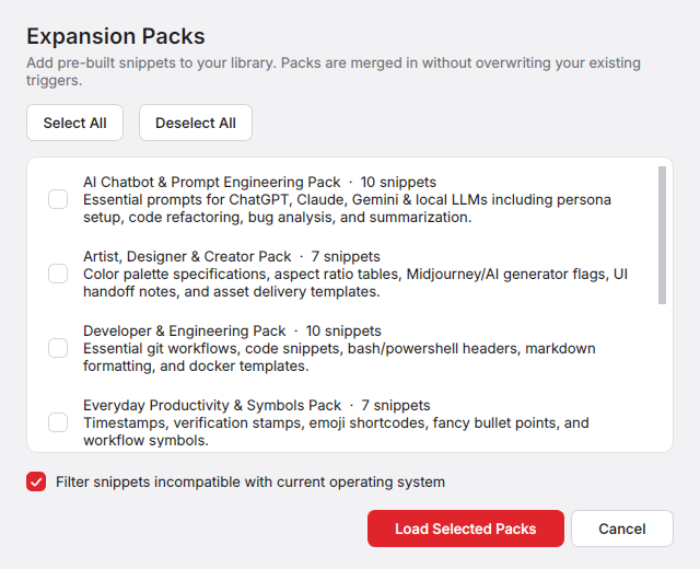 FlitKey Expansion Packs window showing installable snippet pack categories