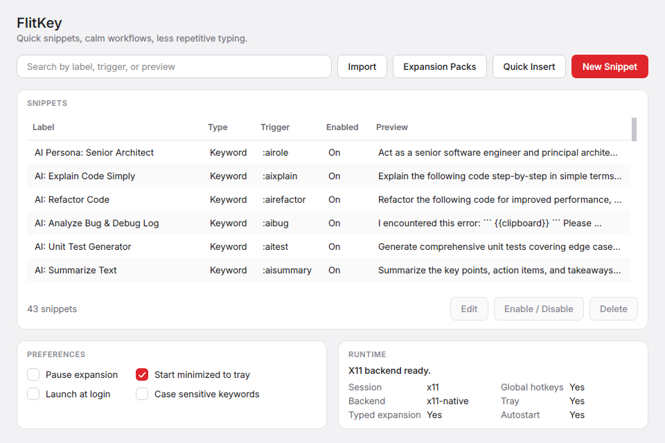 FlitKey snippet manager showing text snippets with Import, Expansion Packs, Quick Insert, and New Snippet controls