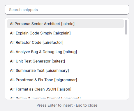 FlitKey Quick Insert overlay showing a searchable list of text snippets